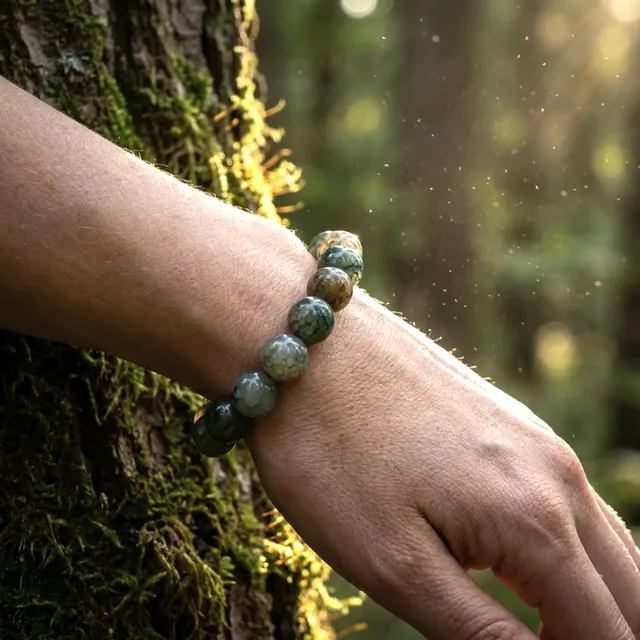 A moss-green bracelet on a wrist against a mossy tree