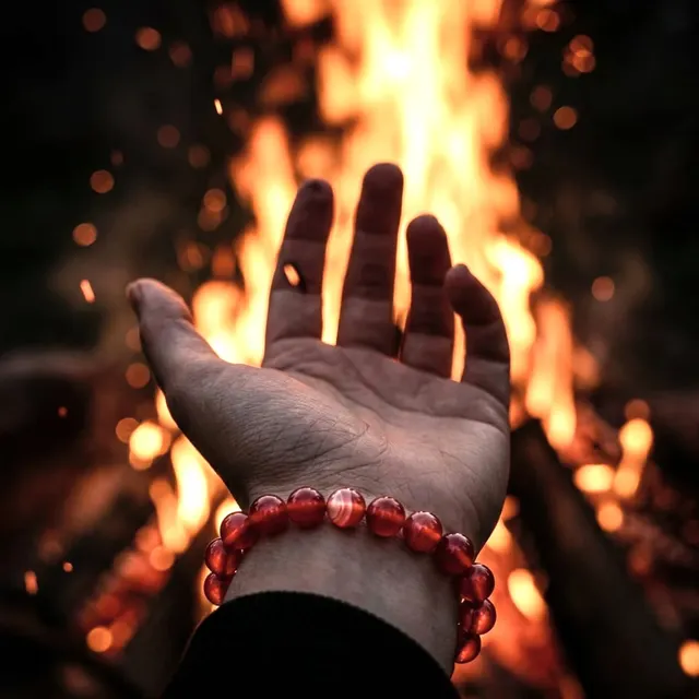 A deep red bracelet on a wrist in front of a bonfire