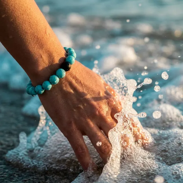 A turquoise bracelet on a wrist in the surf